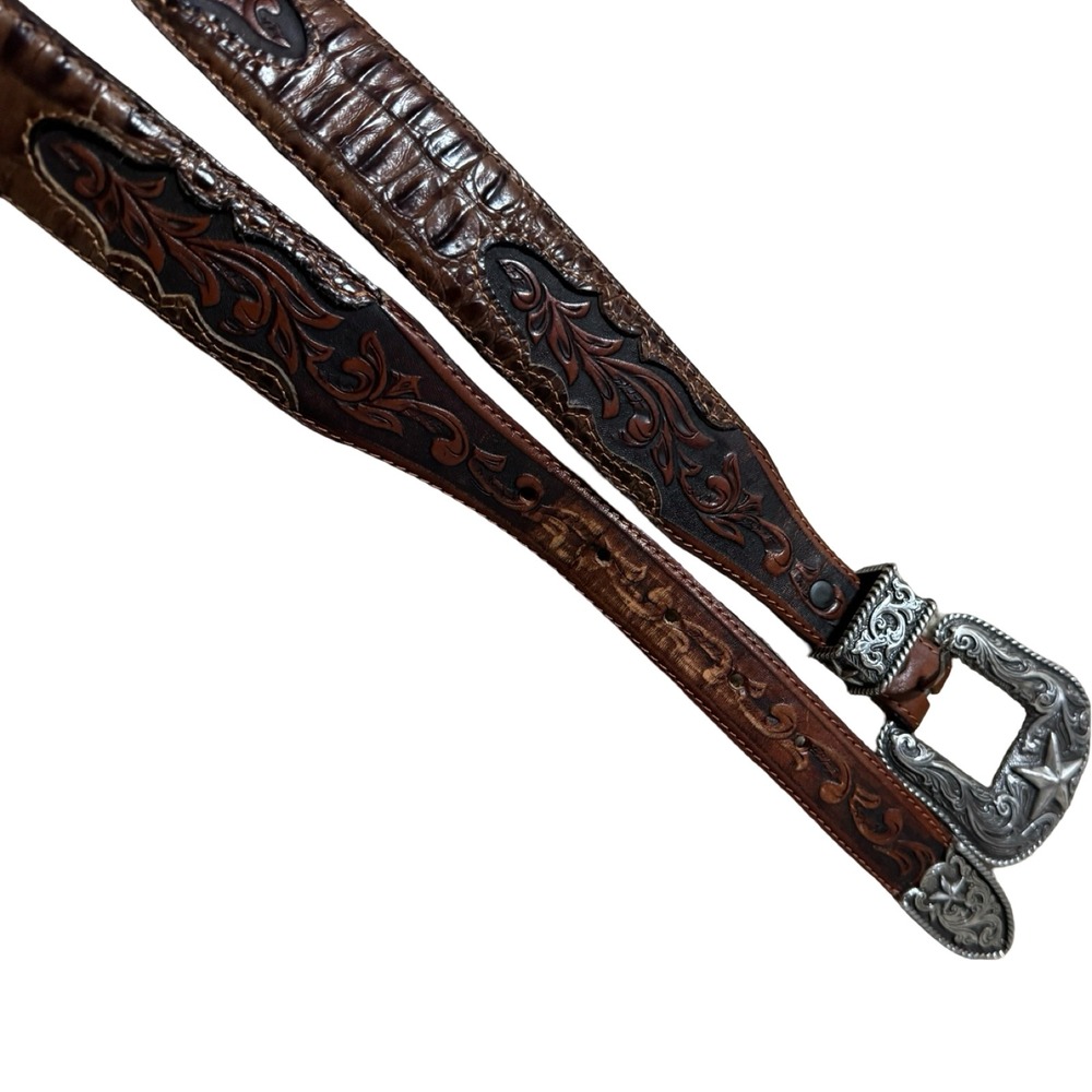 Tony Lama Western Belt Mens 34 Brown Excellent Leather Floral Tooled Gator Print - Picture 2 of 6